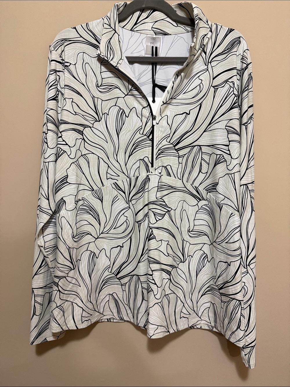 Calia by Carrie Lightweight Floral-Print Quarter-Zip Pullover - Black on White